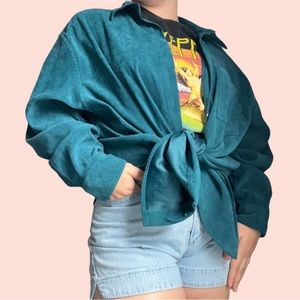 Vintage 90s Bill Blass Jeans Faux Suede Button Down Shirt Size Large Teal